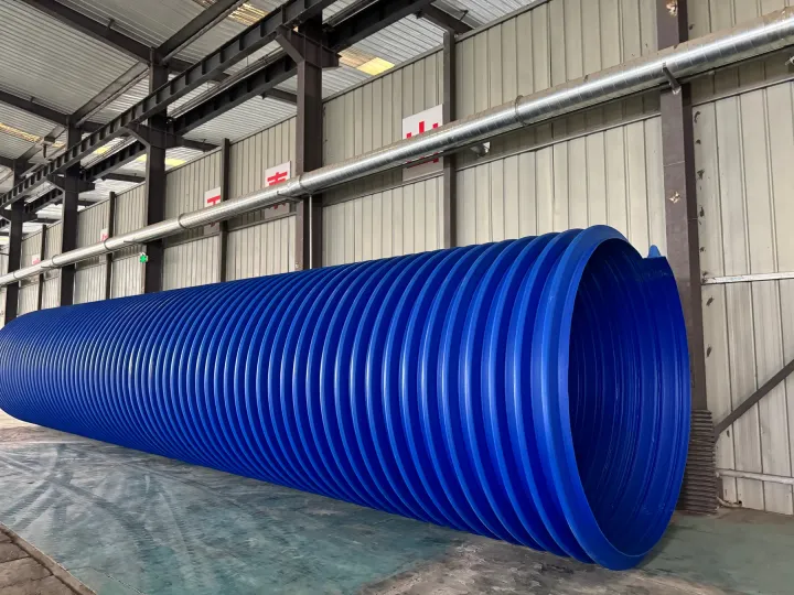 Large blue spiral-wound steel-wire-reinforced structured-wall pipe in the factory