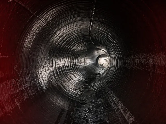 Industrial interior view of a large reinforced PE pipe